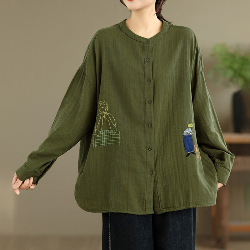 Camisa de manga larga para mujer con bordado de Buddha Stones y figuras humanas, diseño de perro y cuello redondo con botones - image 24