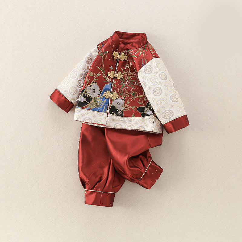 Conjunto de 2 piezas de traje de espiga de manga larga con diseño de panda y bambú para bebé niño, con Buddha Stones, pantalones y cintura elástica - image 1