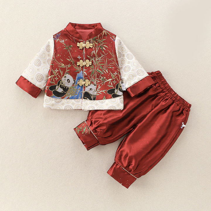 Conjunto de 2 piezas de traje de espiga de manga larga con diseño de panda y bambú para bebé niño, con Buddha Stones, pantalones y cintura elástica - image 2