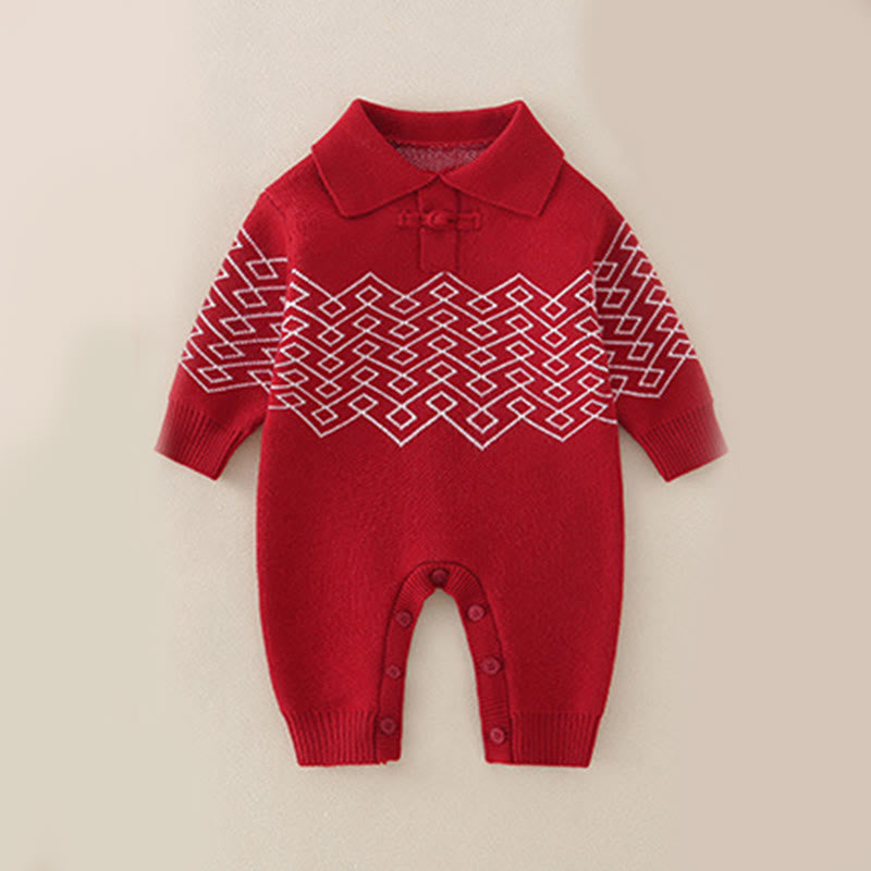 Mono de punto de una pieza con estampado de diamantes rojos y Buddha Stones para bebé niña, otoño e invierno, de manga larga - Rojo - 9-12 meses - image 0