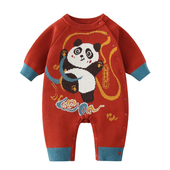 Mameluco de una pieza de punto de manga larga de algodón con estampado de panda rojo para bebé niño y niña, otoño e invierno, con Buddha Stones - image 10