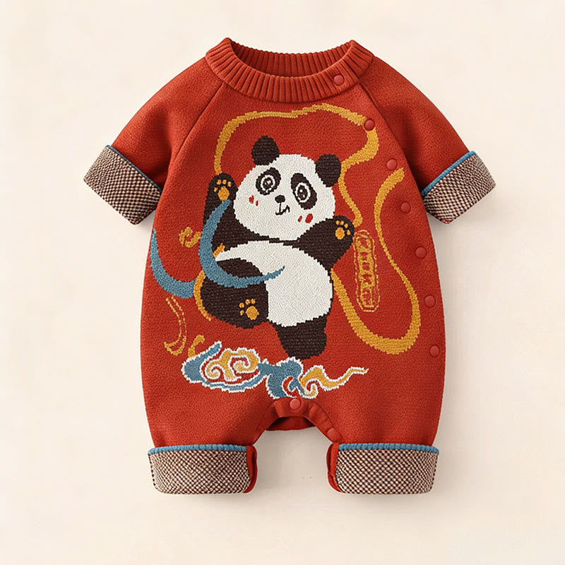 Mameluco de una pieza de punto de manga larga de algodón con estampado de panda rojo para bebé niño y niña, otoño e invierno, con Buddha Stones - image 1
