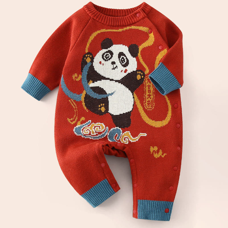 Mameluco de una pieza de punto de manga larga de algodón con estampado de panda rojo para bebé niño y niña, otoño e invierno, con Buddha Stones - Rojo - 1-2 años - image 0