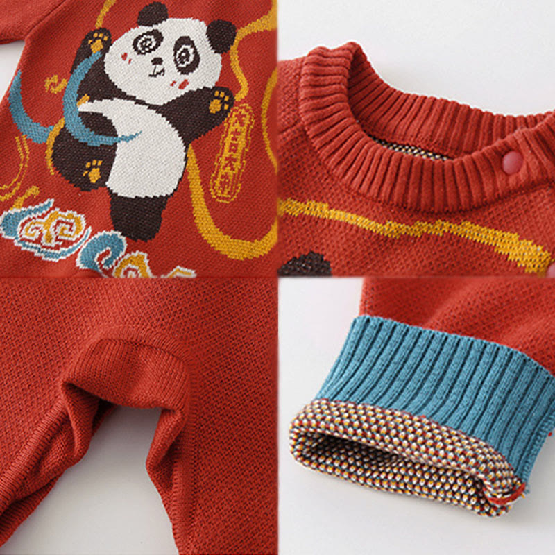 Mameluco de una pieza de punto de manga larga de algodón con estampado de panda rojo para bebé niño y niña, otoño e invierno, con Buddha Stones - image 4