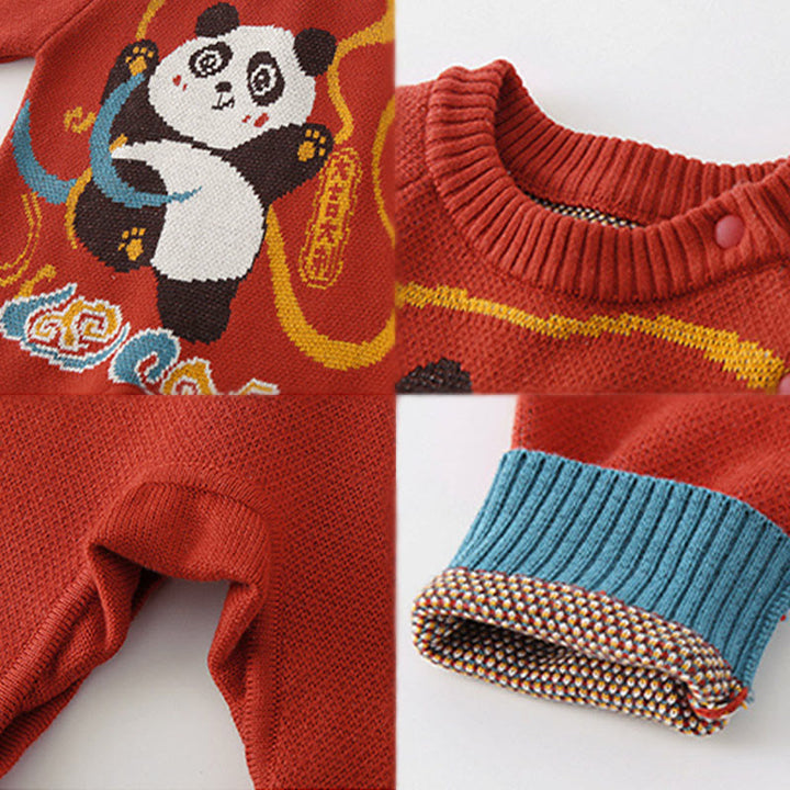 Mameluco de una pieza de punto de manga larga de algodón con estampado de panda rojo para bebé niño y niña, otoño e invierno, con Buddha Stones - image 4