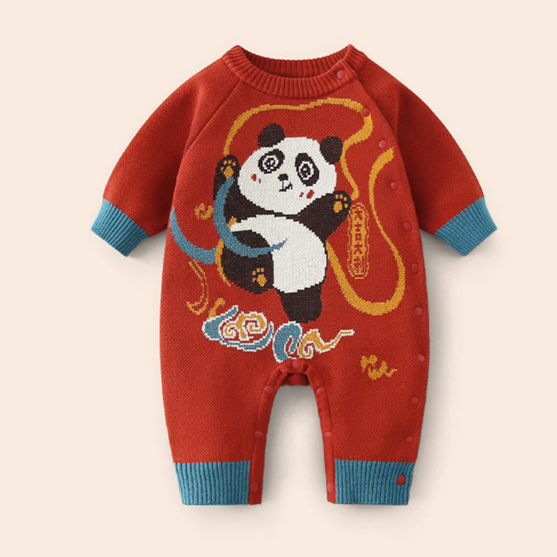 Mameluco de una pieza de punto de manga larga de algodón con estampado de panda rojo para bebé niño y niña, otoño e invierno, con Buddha Stones - image 3