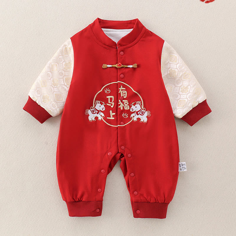 Mamelucos de una pieza de algodón de manga larga para bebé niña y niño con diseño de buena fortuna de Buddha Stones, primavera, otoño y rojo, año del caballo - Rojo - 10-15M - image 0