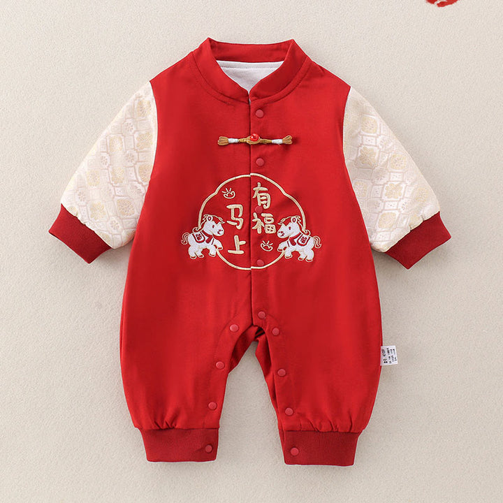 Mamelucos de una pieza de algodón de manga larga para bebé niña y niño con diseño de buena fortuna de Buddha Stones, primavera, otoño y rojo, año del caballo - Rojo - 10-15M - image 0