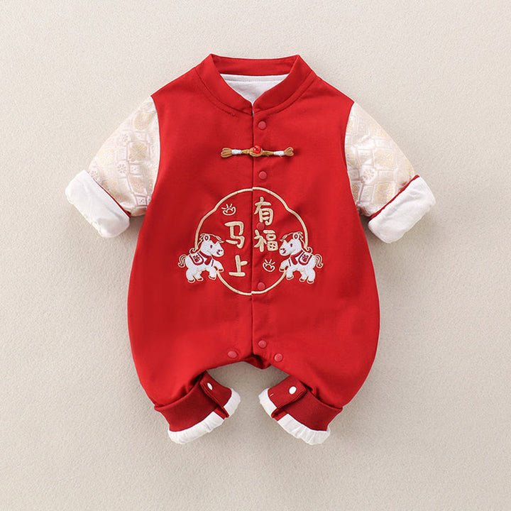 Mamelucos de una pieza de algodón de manga larga para bebé niña y niño con diseño de buena fortuna de Buddha Stones, primavera, otoño y rojo, año del caballo - image 1