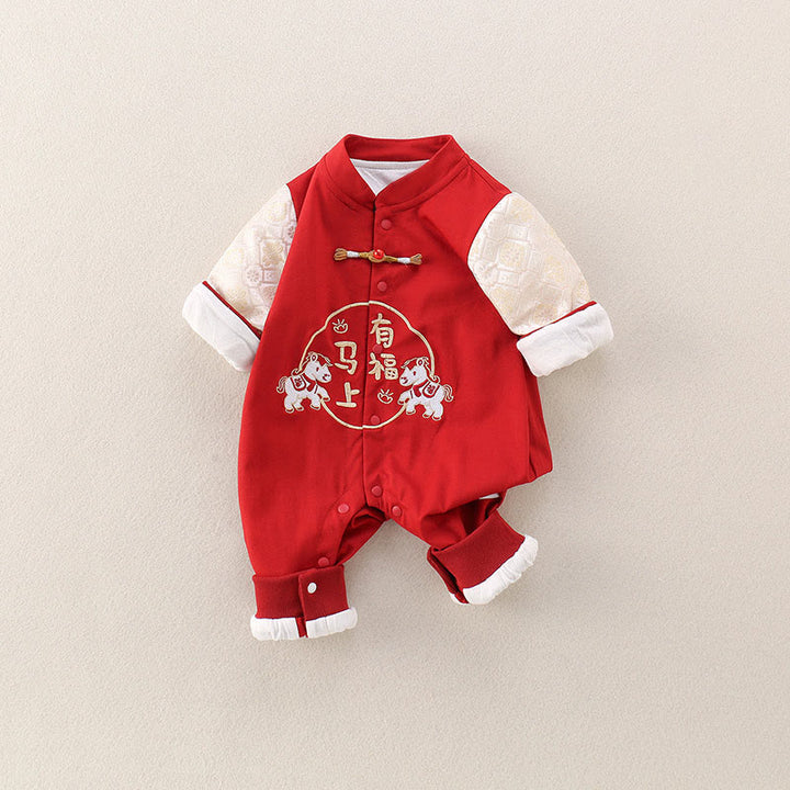 Mamelucos de una pieza de algodón de manga larga para bebé niña y niño con diseño de buena fortuna de Buddha Stones, primavera, otoño y rojo, año del caballo - image 2