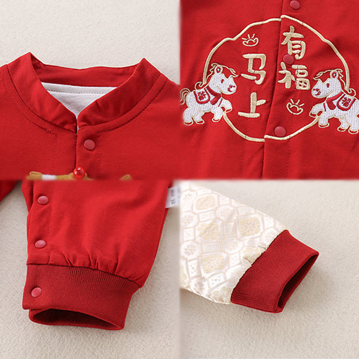 Mamelucos de una pieza de algodón de manga larga para bebé niña y niño con diseño de buena fortuna de Buddha Stones, primavera, otoño y rojo, año del caballo - image 5