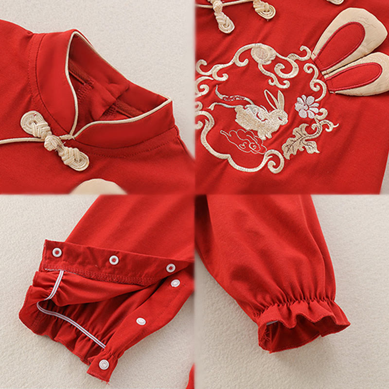 Mono de una pieza de algodón de manga larga para bebé niña con diseño de conejo rojo de primavera y otoño con Buddha Stones - image 4