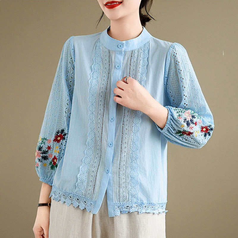 Camisa de manga larga para mujer con cuello alto, botones y estampado de hojas y flores bordadas con Buddha Stones - Azul cielo profundo - US8-10，UK/AU12-14，EU40-42 (2XL) - image 0