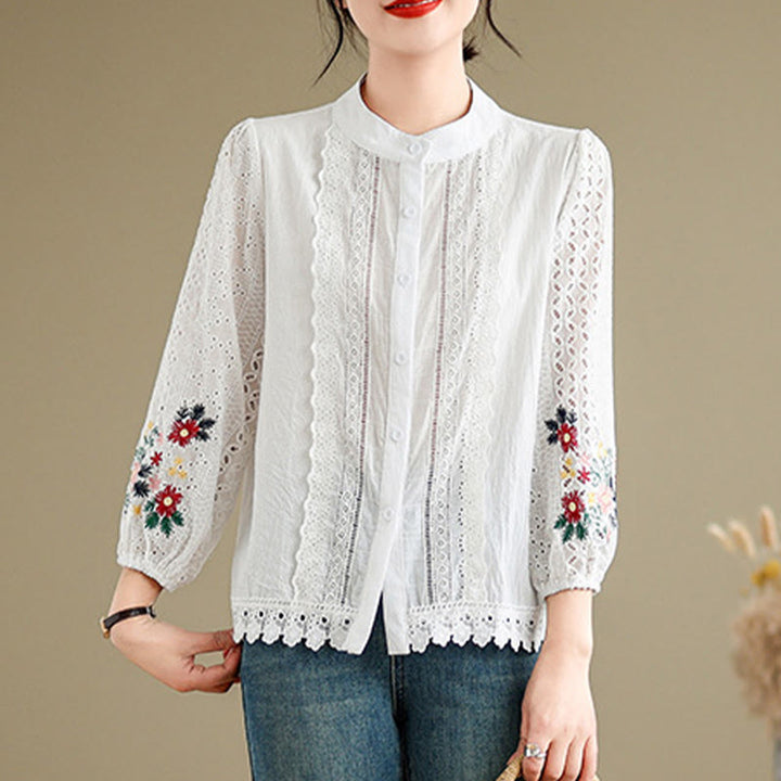 Camisa de manga larga para mujer con cuello alto, botones y estampado de hojas y flores bordadas con Buddha Stones - image 7