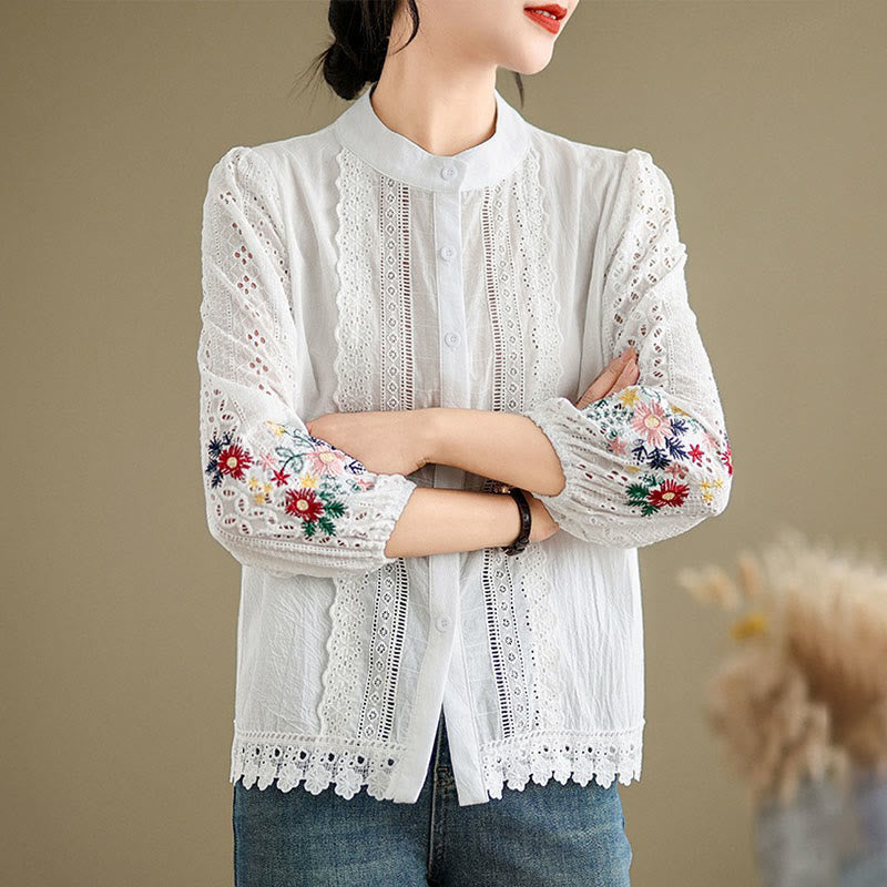 Camisa de manga larga para mujer con cuello alto, botones y estampado de hojas y flores bordadas con Buddha Stones - image 10