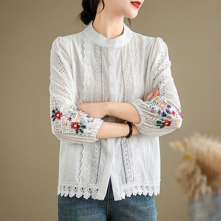 Camisa de manga larga para mujer con cuello alto, botones y estampado de hojas y flores bordadas con Buddha Stones - image 10