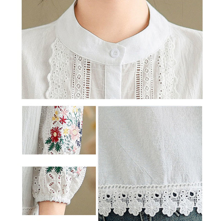 Camisa de manga larga para mujer con cuello alto, botones y estampado de hojas y flores bordadas con Buddha Stones - image 12