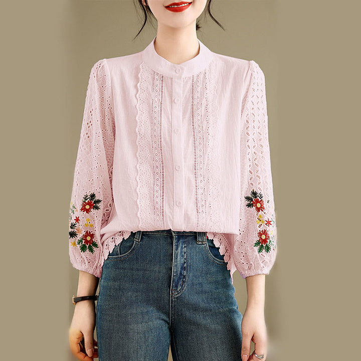 Camisa de manga larga para mujer con cuello alto, botones y estampado de hojas y flores bordadas con Buddha Stones - image 14