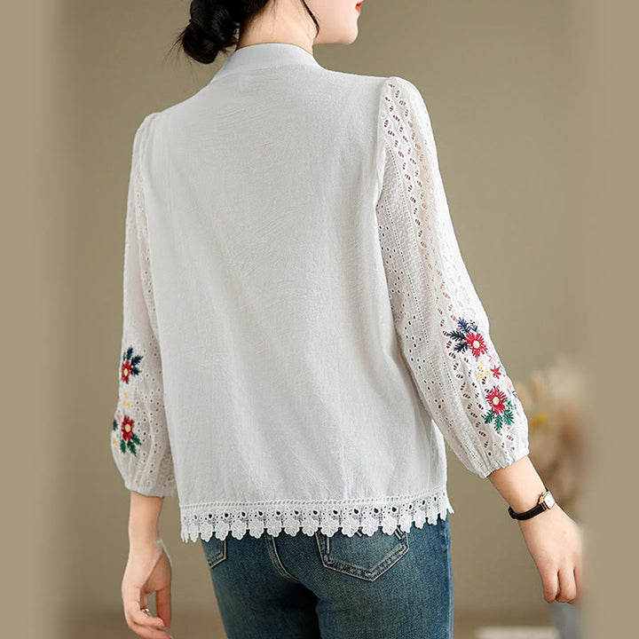 Camisa de manga larga para mujer con cuello alto, botones y estampado de hojas y flores bordadas con Buddha Stones - image 11