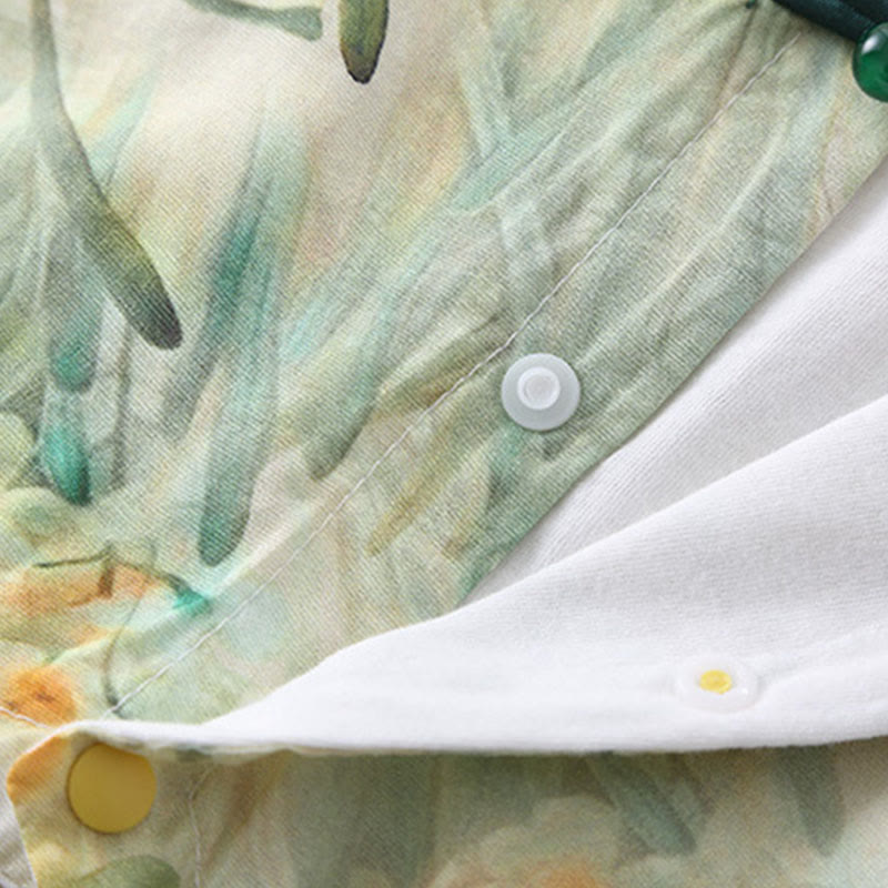 Mameluco de una pieza de algodón de manga larga para bebé niña con diseño de flores beige, hierba verde y piedras de Buddha Stones para primavera y otoño - image 9