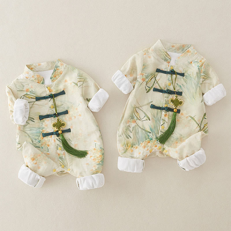 Mameluco de una pieza de algodón de manga larga para bebé niña con diseño de flores beige, hierba verde y piedras de Buddha Stones para primavera y otoño - image 5