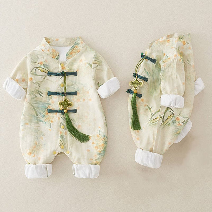 Mameluco de una pieza de algodón de manga larga para bebé niña con diseño de flores beige, hierba verde y piedras de Buddha Stones para primavera y otoño - image 4