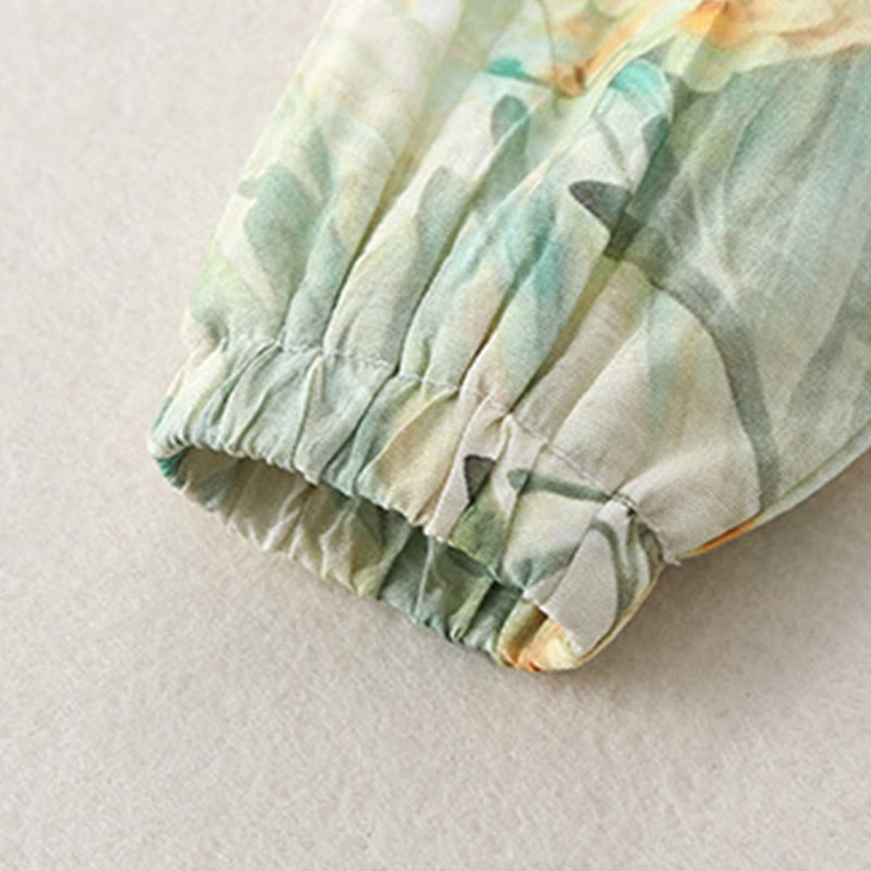 Mameluco de una pieza de algodón de manga larga para bebé niña con diseño de flores beige, hierba verde y piedras de Buddha Stones para primavera y otoño - image 14