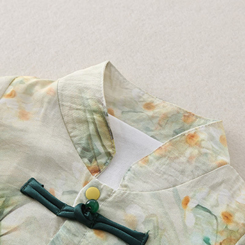 Mameluco de una pieza de algodón de manga larga para bebé niña con diseño de flores beige, hierba verde y piedras de Buddha Stones para primavera y otoño - image 6