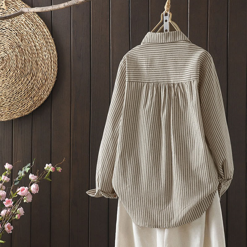 Camisa de manga larga con cuello alto, botones y rayas otoñales para mujer con bolsillos y estampado de Buddha Stones - image 4