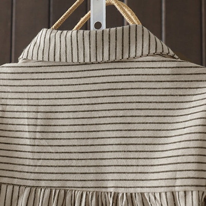 Camisa de manga larga con cuello alto, botones y rayas otoñales para mujer con bolsillos y estampado de Buddha Stones - image 12