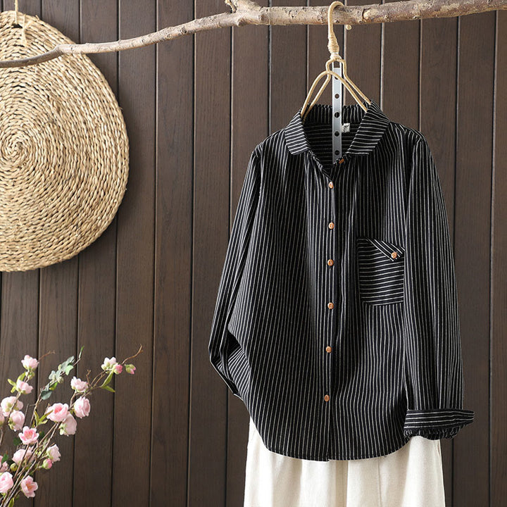 Camisa de manga larga con cuello alto, botones y rayas otoñales para mujer con bolsillos y estampado de Buddha Stones - image 14