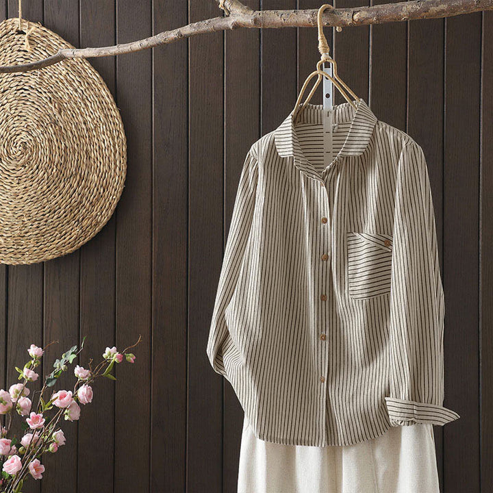 Camisa de manga larga con cuello alto, botones y rayas otoñales para mujer con bolsillos y estampado de Buddha Stones - image 2