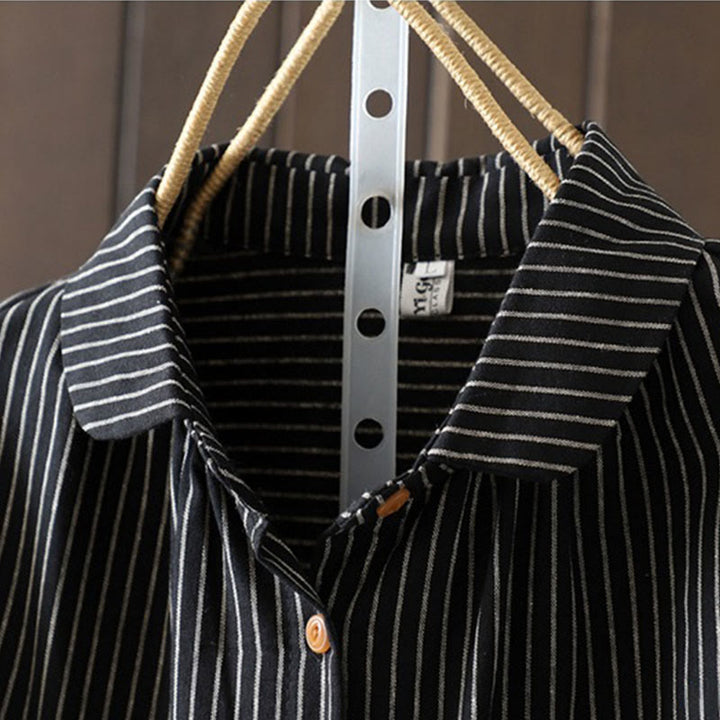 Camisa de manga larga con cuello alto, botones y rayas otoñales para mujer con bolsillos y estampado de Buddha Stones - image 15