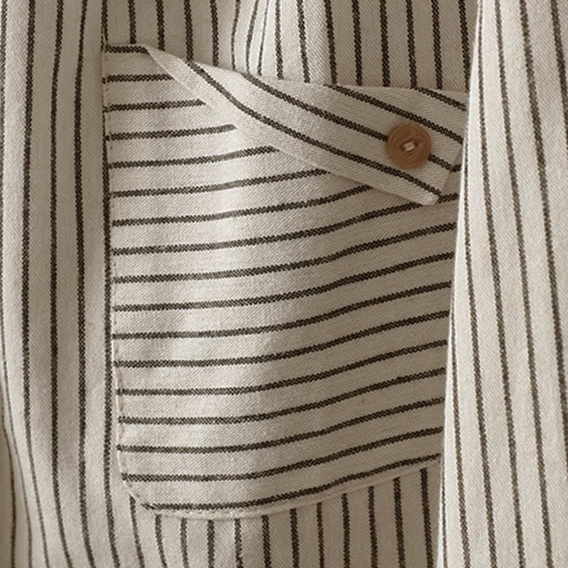 Camisa de manga larga con cuello alto, botones y rayas otoñales para mujer con bolsillos y estampado de Buddha Stones - image 7