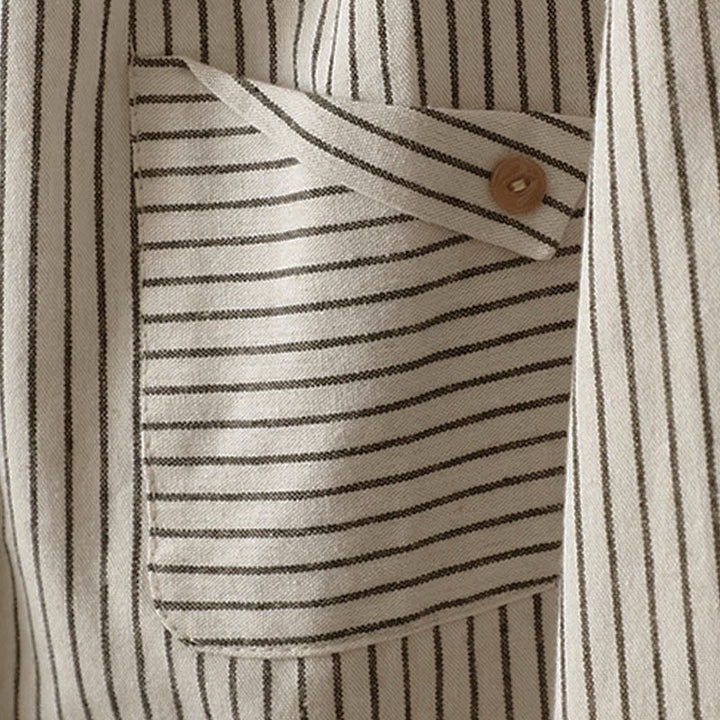 Camisa de manga larga con cuello alto, botones y rayas otoñales para mujer con bolsillos y estampado de Buddha Stones - image 7