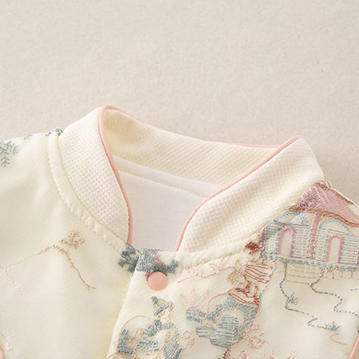 Mono de una pieza de algodón de manga larga para bebé niña con diseño de pabellón de primavera y otoño con Buddha Stones - image 5