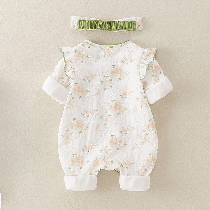 Mono de una pieza de algodón de manga larga para bebé niña con diseño de cuello en V y flores amarillas claras de Buddha Stones para primavera y otoño - image 1