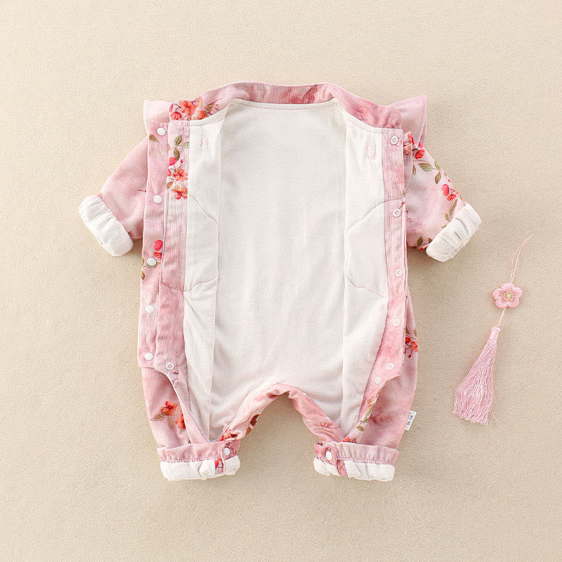 Mameluco de una pieza de algodón de manga larga para bebé niña con diseño de flores rojas, hojas verdes y piedras de Buddha Stones, primavera y otoño - image 4