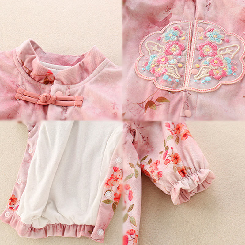 Mameluco de una pieza de algodón de manga larga para bebé niña con diseño de flores rojas, hojas verdes y piedras de Buddha Stones, primavera y otoño - image 5