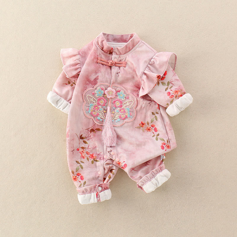 Mameluco de una pieza de algodón de manga larga para bebé niña con diseño de flores rojas, hojas verdes y piedras de Buddha Stones, primavera y otoño - image 3