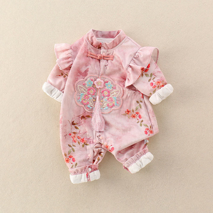 Mameluco de una pieza de algodón de manga larga para bebé niña con diseño de flores rojas, hojas verdes y piedras de Buddha Stones, primavera y otoño - image 3