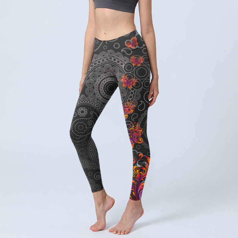 Leggings de yoga para mujer con estampado de cachemira y flores en contraste con Buddha Stones - Negro - US18，UK/AU22，EU50 (4XL) - image 0