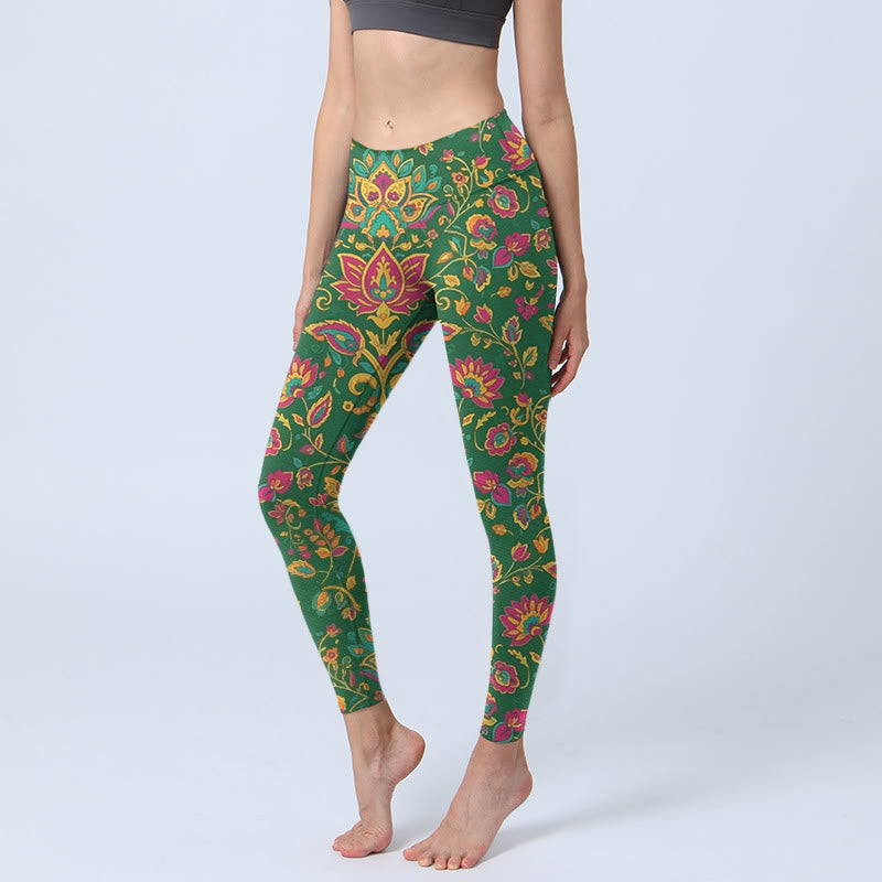 Leggings de yoga para mujer con estampado de hojas y flores de colores brillantes y Buddha Stones - Verde - US18，UK/AU22，EU50 (4XL) - image 0