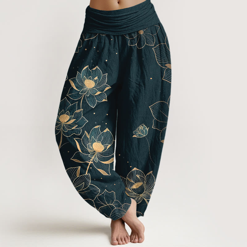 Pantalones harén de algodón puro con estampado de loto delicado y Buddha Stones para mujer, cintura elástica - Verde oscuro - US16，UK/AU20，EU48 (3XL) - image 0