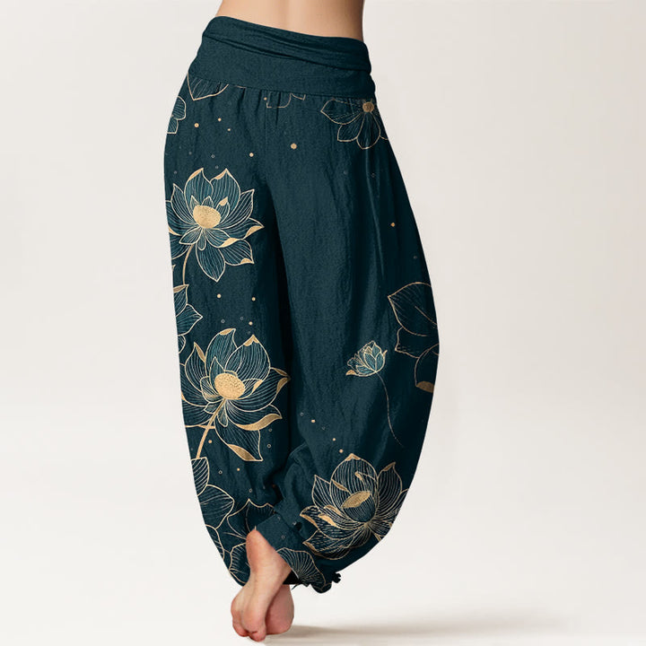 Pantalones harén de algodón puro con estampado de loto delicado y Buddha Stones para mujer, cintura elástica - image 1
