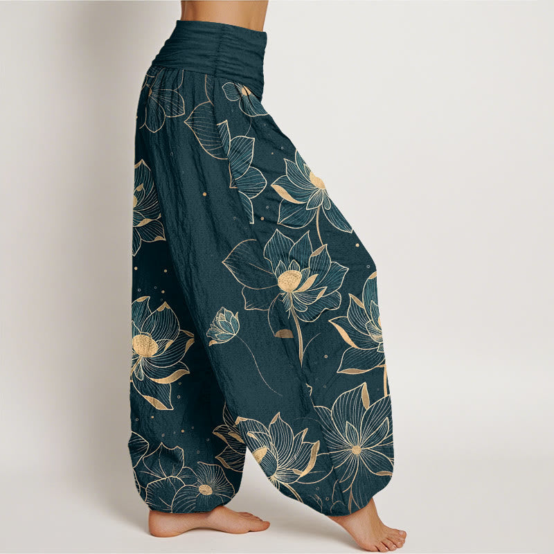 Pantalones harén de algodón puro con estampado de loto delicado y Buddha Stones para mujer, cintura elástica - image 2