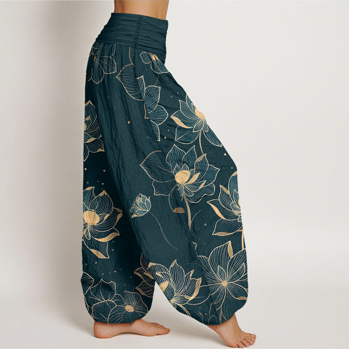 Pantalones harén de algodón puro con estampado de loto delicado y Buddha Stones para mujer, cintura elástica - image 2