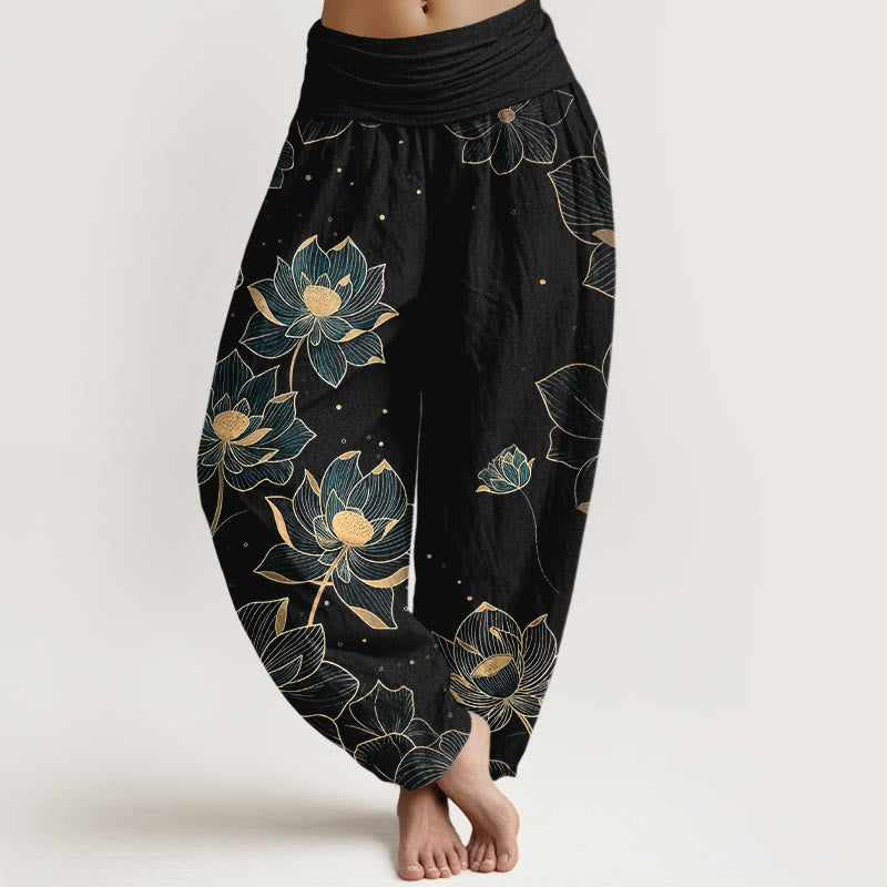 Pantalones harén de algodón puro con estampado de loto delicado y Buddha Stones para mujer, cintura elástica - Negro - US16，UK/AU20，EU48 (3XL) - image 5