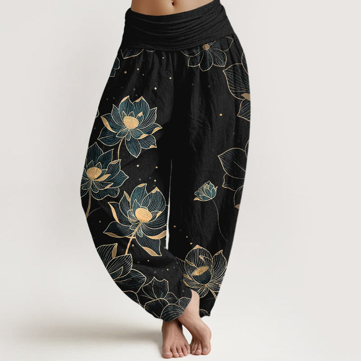 Pantalones harén de algodón puro con estampado de loto delicado y Buddha Stones para mujer, cintura elástica - Negro - US16，UK/AU20，EU48 (3XL) - image 5