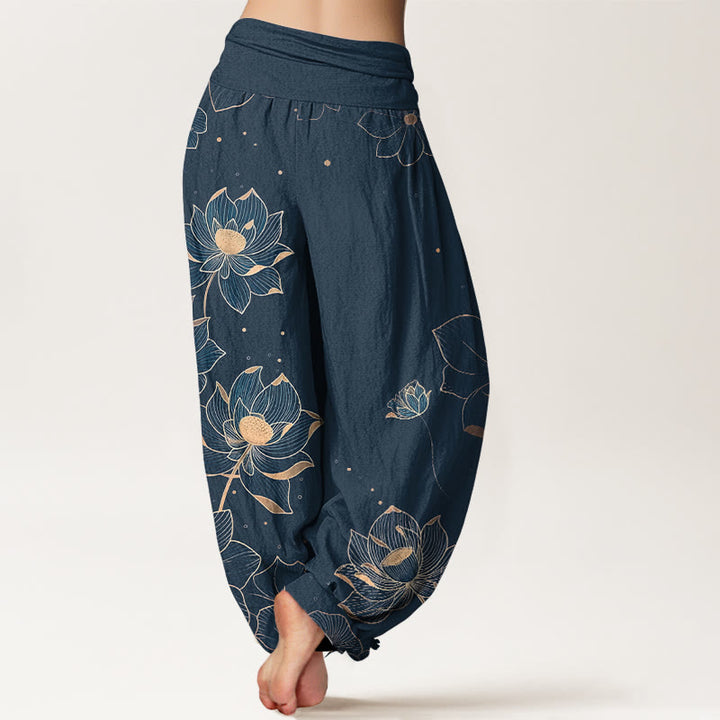 Pantalones harén de algodón puro con estampado de loto delicado y Buddha Stones para mujer, cintura elástica - image 9